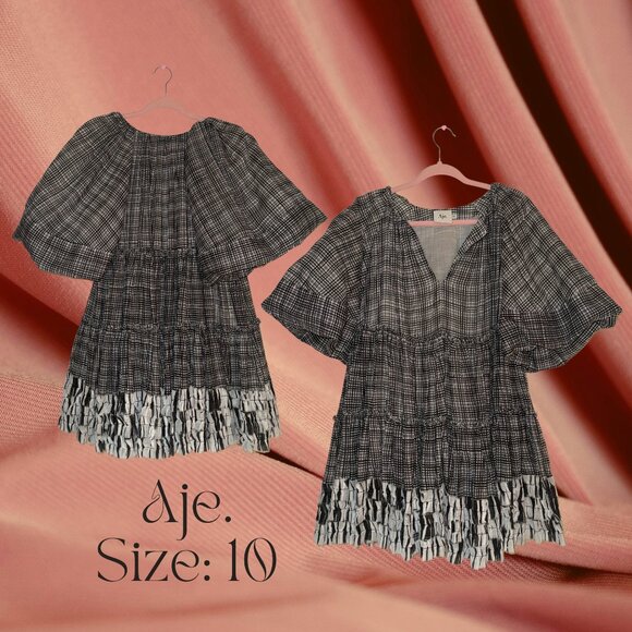 Aje Plaid Textured Mini Dress with Ruffle Hem | Size 10 - Picture 1 of 1
